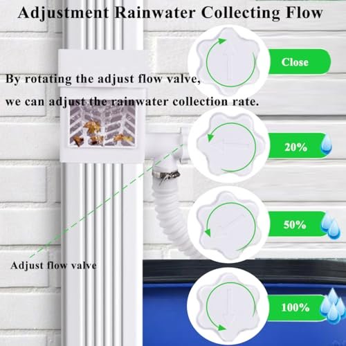 Rain Barrel Diverter Kit, Downspout Diverter Fits for 2x3 or 3x4 Inch Gutter Downspouts, Rainwater Collection System with Adjustable Valve and Filter - White