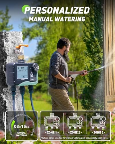 RAINPOINT 3 Zone Sprinkler Timer with Brass Inlet, Water Timer for Garden Hose,Rain Delay/Manual/Automatic Watering System, Hose,Hose Timers for Watering with IP65 Waterproof, Large LCD for Yard