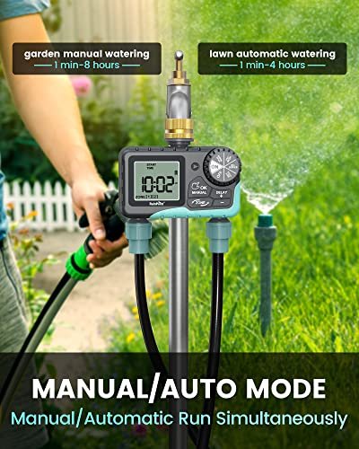 RAINPOINT Sprinkler Timer 2 Outlet, Water Timer for Garden Hose, Drip Irrigation Timer for Yard Outdoor Watering, Rain Delay/Manual/Automatic System Controller Brass Inlet, V2