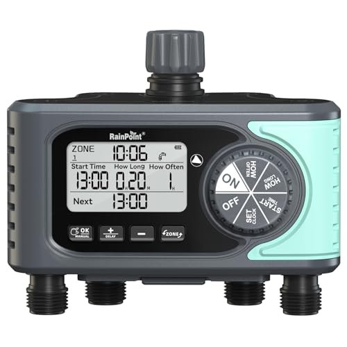 RAINPOINT Sprinkler Timer, 4 Outlets Hose Timers, 4 Zone Water Timer for Watering with Rain Delay/Manual/Automatic Timed Irrigation Controller System for Lawn