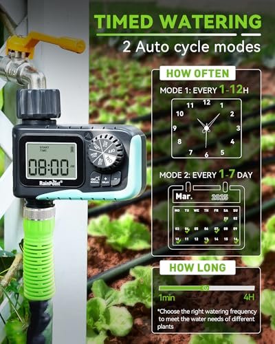 RAINPOINT Sprinkler Timer, Programmable Water Timer for Garden Hose, Outdoor Soaker Hose Timed with Rain Delay/Manual/Automatic Watering System, Digital Irrigation for Yard, Lawn, 1 Outlet