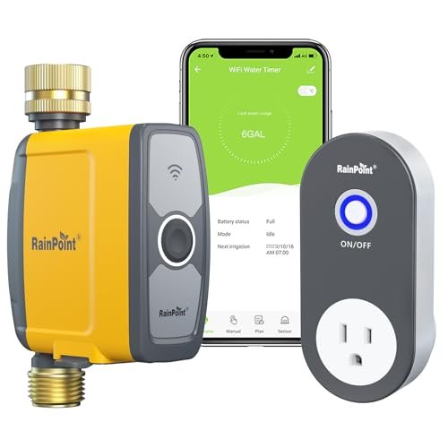 RAINPOINT WiFi Water Timer, Smart Hose Timer for Garden Hose, WiFi Irrigation Controller, Smart Sprinkler System Valve, APP & Voice Control, Weather-Based Automatic Rain Delay, Brass Inlet & Outlet