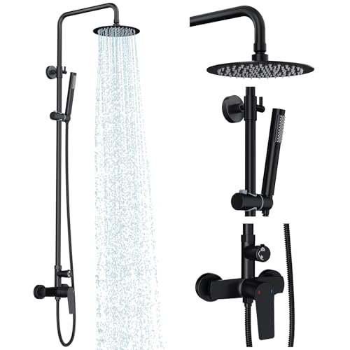 Rainsworth Outdoor Shower Kit Matte Black - Single Handle Brass Valve, 8 Inch Rain Shower Head and Handheld Spray Shower Fixture Combo, SUS 304 Stainless Steel Wall-Mounted Faucet