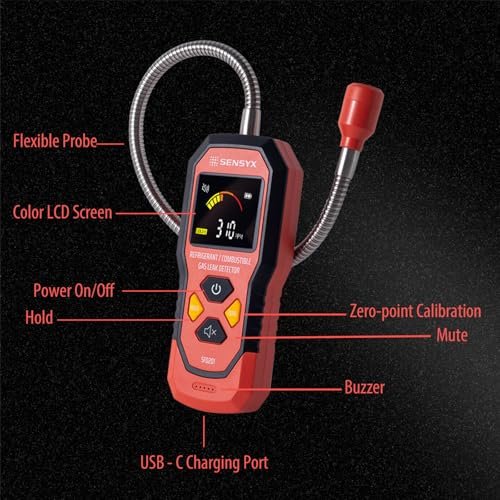 Rechargeable HVAC Refrigerant Leak Detector, Halogen Freon Sniffer, Air Conditioning Detection, Automotive Gas Finder (SFD201 Refrigerant&Combustible Gas Detector)