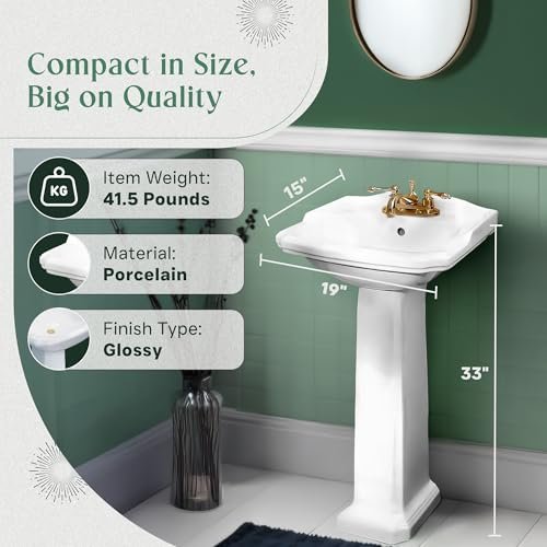Renovators Supply Cloakroom 19" Small Pedestal Bathroom Sink White Grade A Porcelain With Overflow And Pre-Drilled Centerset Faucet Holes