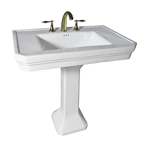 Renovators Supply Victorian 32" W Large Pedestal Bathroom Sink – Heavy-Duty White Porcelain, Pre-Drilled Widespread Faucet Holes, and Overflow
