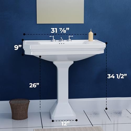 Renovators Supply Victorian 32" W Large Pedestal Bathroom Sink – Heavy-Duty White Porcelain, Pre-Drilled Widespread Faucet Holes, and Overflow