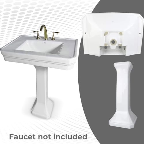 Renovators Supply Victorian 32" W Large Pedestal Bathroom Sink – Heavy-Duty White Porcelain, Pre-Drilled Widespread Faucet Holes, and Overflow