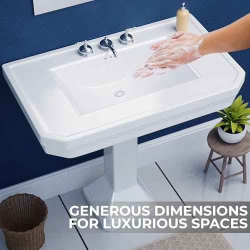 Renovators Supply Victorian 32" W Large Pedestal Bathroom Sink – Heavy-Duty White Porcelain, Pre-Drilled Widespread Faucet Holes, and Overflow