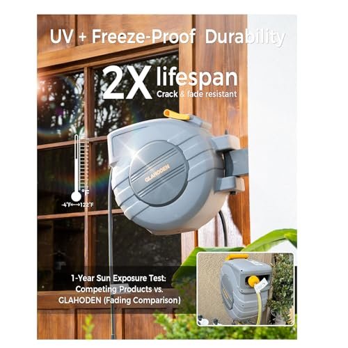 Retractable Garden Hose Reel 5/8 in x 100 ft Upgraded UV Resistant Heavy Duty Automatic Hose Reel Wall Mount 3/4 in Brass Fitting 9 Pattern Nozzle Any Length Lock Slow Retraction 180° Swivel