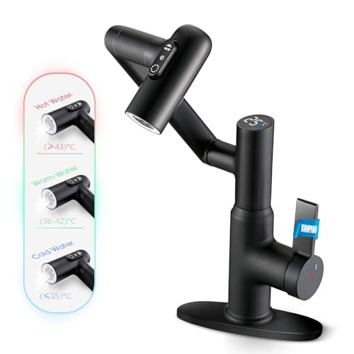 Rotatable Bathroom Faucet with Temperature Display in Celsius(Batteries-Free), Height Adjustable Sink Smart Faucet with 3 Water Settings for Bathroom RV Lavatory Vanity Sink, LCF-2401, Matte Black