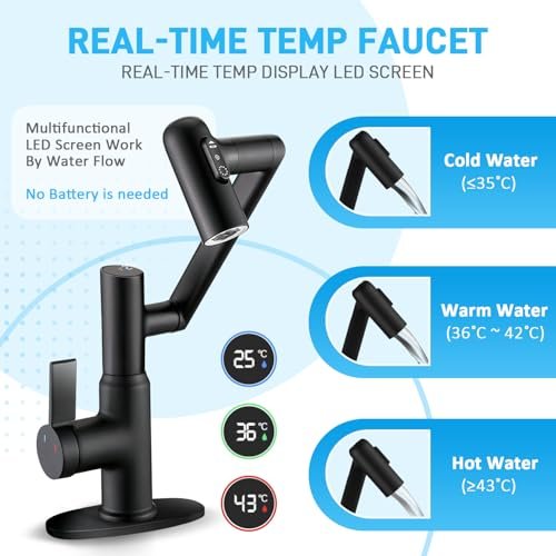 Rotatable Bathroom Faucet with Temperature Display in Celsius(Batteries-Free), Height Adjustable Sink Smart Faucet with 3 Water Settings for Bathroom RV Lavatory Vanity Sink, LCF-2401, Matte Black