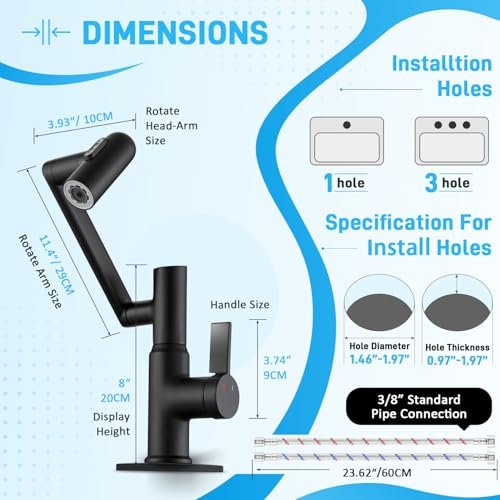 Rotatable Bathroom Faucet with Temperature Display in Celsius(Batteries-Free), Height Adjustable Sink Smart Faucet with 3 Water Settings for Bathroom RV Lavatory Vanity Sink, LCF-2401, Matte Black