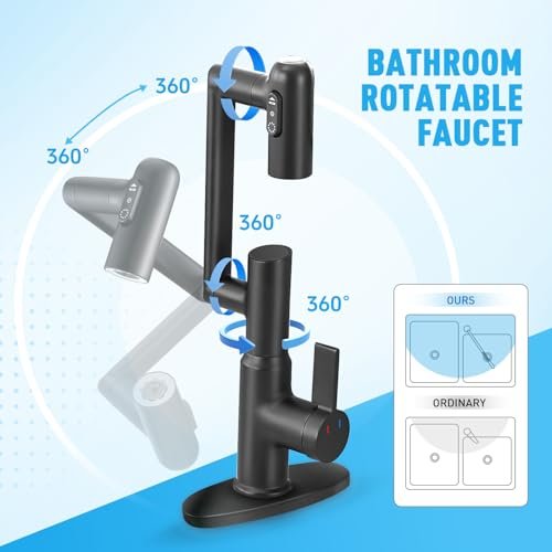 Rotatable Bathroom Faucet with Temperature Display in Celsius(Batteries-Free), Height Adjustable Sink Smart Faucet with 3 Water Settings for Bathroom RV Lavatory Vanity Sink, LCF-2401, Matte Black