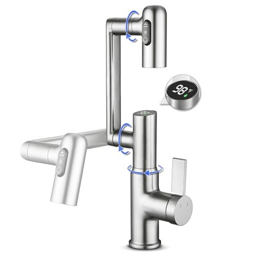 Rotatable Bathroom Faucet with Temperature Display in Fahrenheit(Batteries-Free), Height Adjustable Sink Smart Faucet with 3 Water Settings for Bathroom Lavatory Vanity Sink, LCF-2401, Brushed Nickel