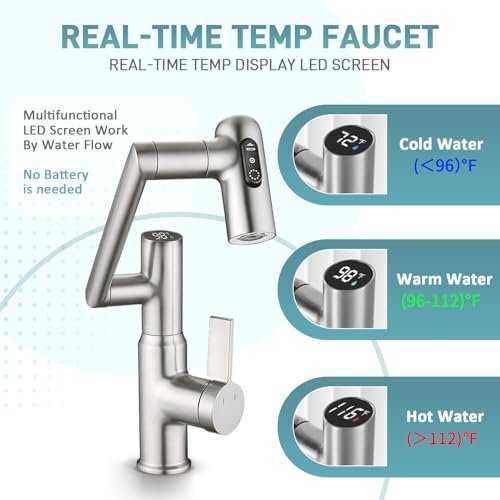 Rotatable Bathroom Faucet with Temperature Display in Fahrenheit(Batteries-Free), Height Adjustable Sink Smart Faucet with 3 Water Settings for Bathroom Lavatory Vanity Sink, LCF-2401, Brushed Nickel