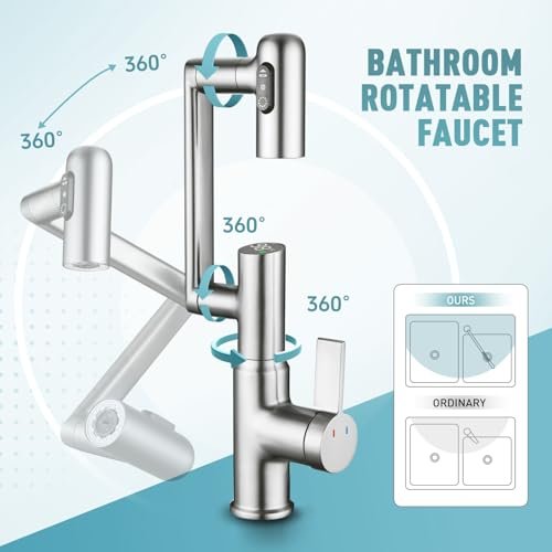Rotatable Bathroom Faucet with Temperature Display in Fahrenheit(Batteries-Free), Height Adjustable Sink Smart Faucet with 3 Water Settings for Bathroom Lavatory Vanity Sink, LCF-2401, Brushed Nickel