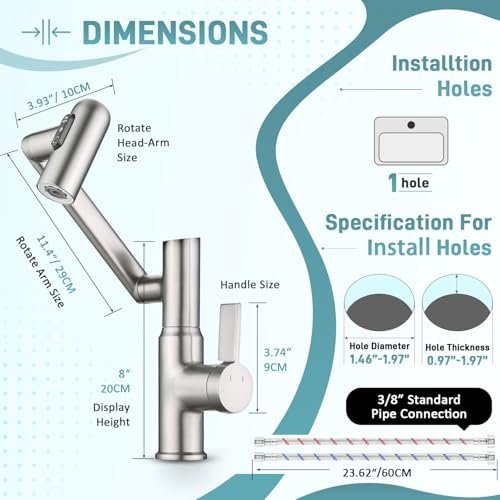 Rotatable Bathroom Faucet with Temperature Display in Fahrenheit(Batteries-Free), Height Adjustable Sink Smart Faucet with 3 Water Settings for Bathroom Lavatory Vanity Sink, LCF-2401, Brushed Nickel