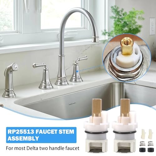 RP25513 Faucet Stem Assembly Compatible with Delta Two Handle Faucet Repair Kit with RP4993 Rubber Seat and Spring, Replacement Stems Cartridges for Delta Bathtub Shower Sink Bathroom Faucet, 2-PACK