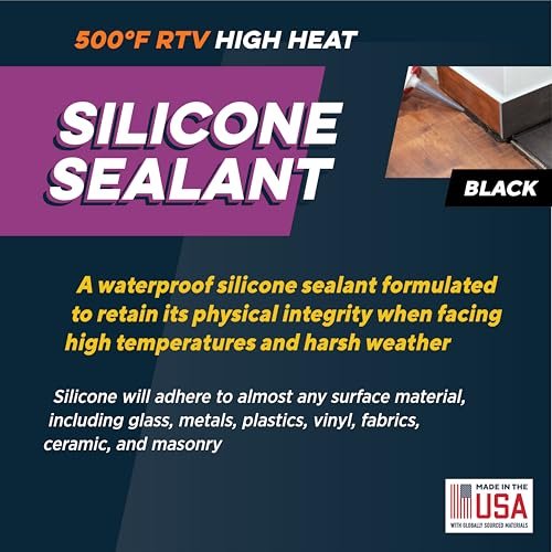 Rutland 500°F RTV High Heat Silicone Sealant Black, USA-Made High Temperature Gasket Maker Adhesive - UV Stable, Oil Resistant & Non-Corrosive