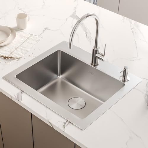 Ruvati 25 x 22 inch Drop-in Topmount Kitchen Sink - 16 Gauge Stainless Steel Single Bowl with Brushed Finish hides scratches, Easy-to-Clean Drop-in kitchen Sink - RVM5025