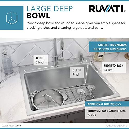 Ruvati 25 x 22 inch Drop-in Topmount Kitchen Sink - 16 Gauge Stainless Steel Single Bowl with Brushed Finish hides scratches, Easy-to-Clean Drop-in kitchen Sink - RVM5025