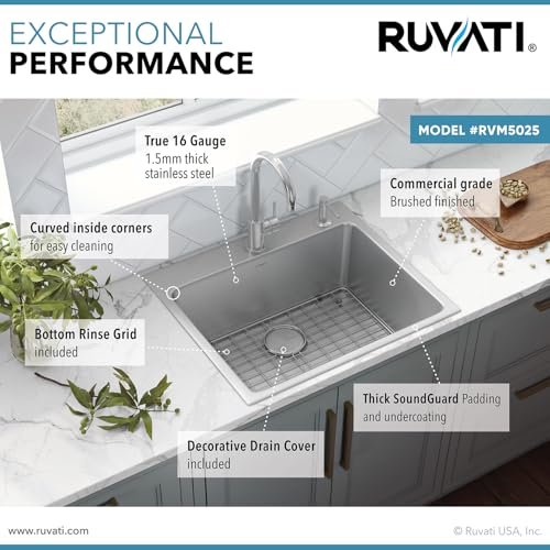 Ruvati 25 x 22 inch Drop-in Topmount Kitchen Sink - 16 Gauge Stainless Steel Single Bowl with Brushed Finish hides scratches, Easy-to-Clean Drop-in kitchen Sink - RVM5025