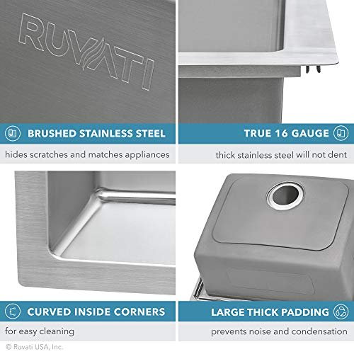 Ruvati 25 x 22 inch Drop-in Topmount Kitchen Sink - 16 Gauge Stainless Steel Single Bowl with Brushed Finish hides scratches, Easy-to-Clean Drop-in kitchen Sink - RVM5025