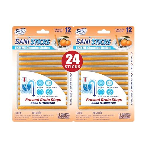 SANI 360° Sani Sticks Drain Cleaner and Deodorizer, 24 Count, Orange Scent Enzyme Pipe Cleaners, Eliminate Odors, Prevent Clogged Drains, Safe for Sinks, Bathtub Drains, Septic Tanks