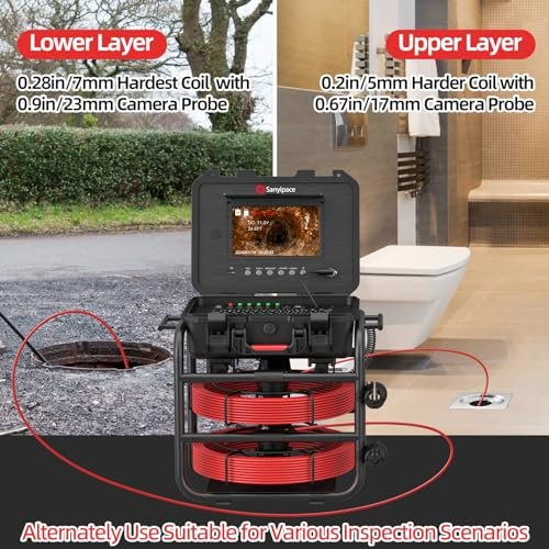 Sanyipace Sewer Camera with 512Hz Transmitter, Self-Leveling, Distance Counter, Drain Plumbing Pipe Inspection Camera with Microphone Speaker, DVR Recorder, 16GB TF Card, 131FT n 230FT 2-in-1 Design