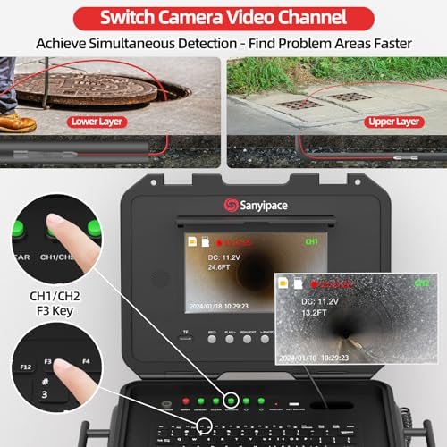 Sanyipace Sewer Camera with 512Hz Transmitter, Self-Leveling, Distance Counter, Drain Plumbing Pipe Inspection Camera with Microphone Speaker, DVR Recorder, 16GB TF Card, 131FT n 230FT 2-in-1 Design