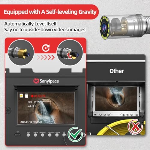 Sanyipace Sewer Camera with 512Hz Transmitter, Self-Leveling, Distance Counter, Drain Plumbing Pipe Inspection Camera with Microphone Speaker, DVR Recorder, 16GB TF Card, 131FT n 230FT 2-in-1 Design