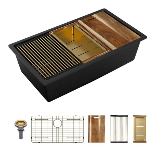 Sarlai 33 Granite Composite Kitchen Sink - 33 x 19 Inch Granite Undermount Kitchen Sink Ledge Workstation Under-Mount White Quartz Classic Single Bowl Sinks Under Counter Basin With Gold Accessories