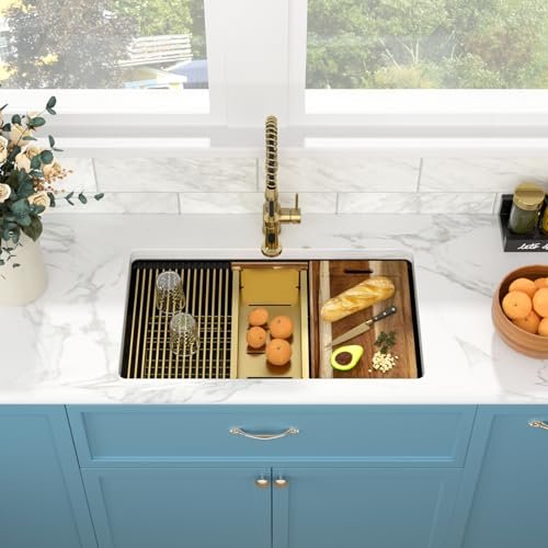Sarlai 33 Granite Composite Kitchen Sink - 33 x 19 Inch Granite Undermount Kitchen Sink Ledge Workstation Under-Mount White Quartz Classic Single Bowl Sinks Under Counter Basin With Gold Accessories