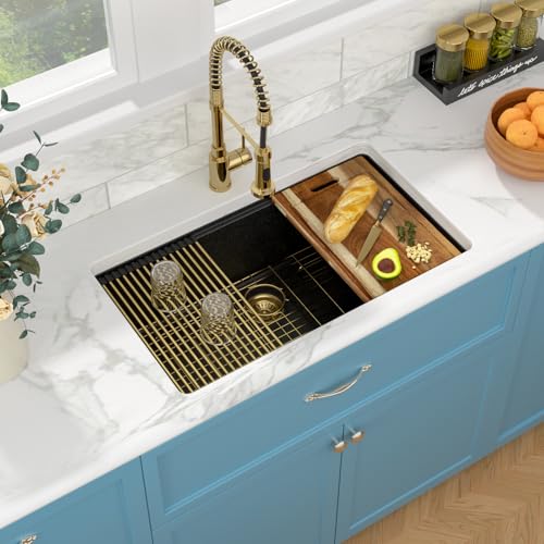 Sarlai 33 Granite Composite Kitchen Sink - 33 x 19 Inch Granite Undermount Kitchen Sink Ledge Workstation Under-Mount White Quartz Classic Single Bowl Sinks Under Counter Basin With Gold Accessories