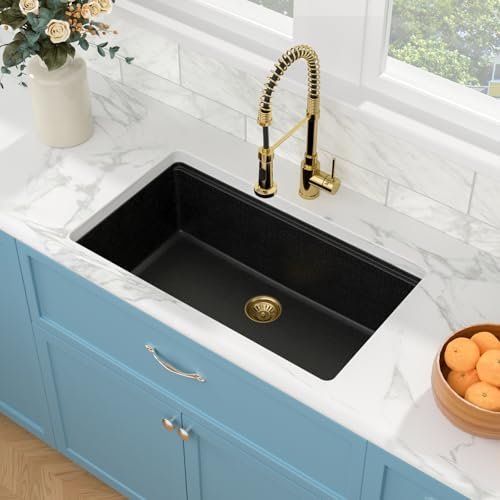 Sarlai 33 Granite Composite Kitchen Sink - 33 x 19 Inch Granite Undermount Kitchen Sink Ledge Workstation Under-Mount White Quartz Classic Single Bowl Sinks Under Counter Basin With Gold Accessories