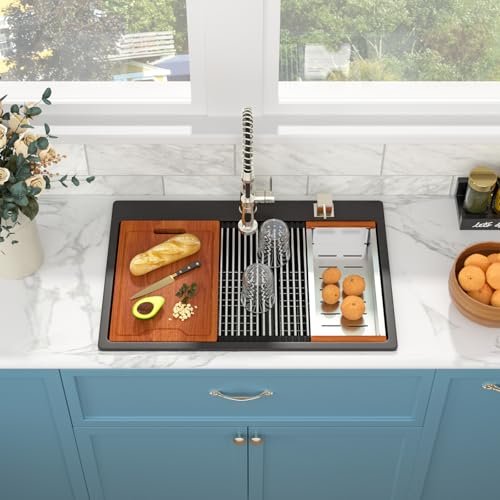 Sarlai 33 Granite Composite Kitchen Sink Double Bowl - 33"x22" Black Granite Kitchen Sink Drop In Ledge Workstation Double Bowl 60/40 Low Divided Quartz Composite Above Counter
