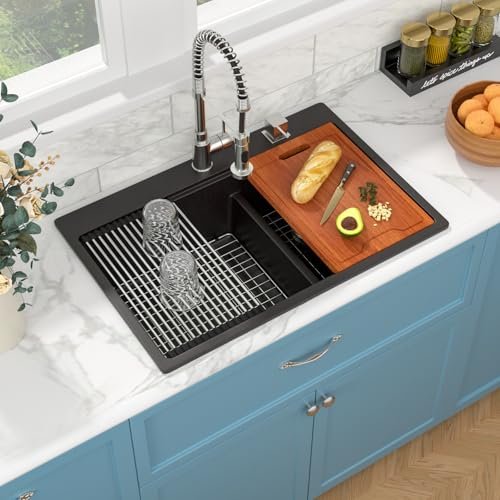 Sarlai 33 Granite Composite Kitchen Sink Double Bowl - 33"x22" Black Granite Kitchen Sink Drop In Ledge Workstation Double Bowl 60/40 Low Divided Quartz Composite Above Counter
