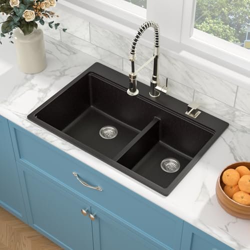 Sarlai 33 Granite Composite Kitchen Sink Double Bowl - 33"x22" Black Granite Kitchen Sink Drop In Ledge Workstation Double Bowl 60/40 Low Divided Quartz Composite Above Counter