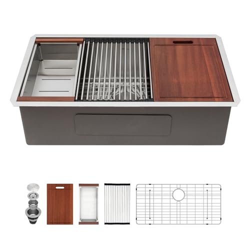 Sarlai 33 Kitchen Sink Undermount - 33 x 19 Inch Undermount Sink Ledge Workstation Deep Single Bowl 16 Gauge Stainless Steel Under Counter Kitchen Sinks Basin