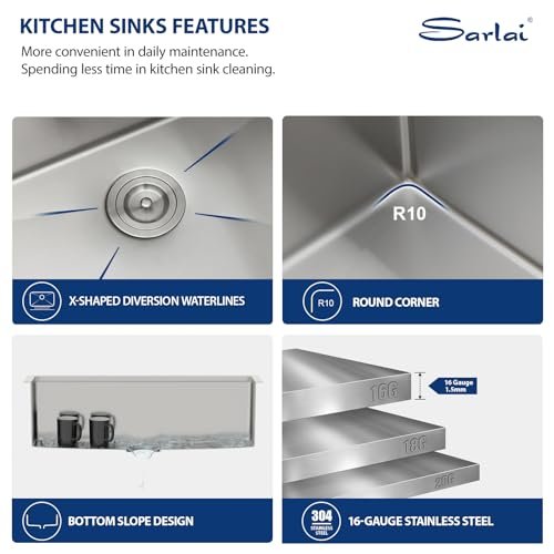 Sarlai 33 Kitchen Sink Undermount - 33 x 19 Inch Undermount Sink Ledge Workstation Deep Single Bowl 16 Gauge Stainless Steel Under Counter Kitchen Sinks Basin