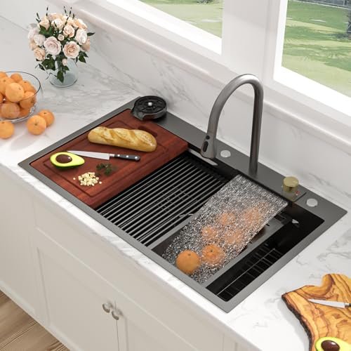 Sarlai 36 Inch Waterfall Kitchen Sink Workstation - 36x22 Black Waterfall Drop In Sink Stainless Steel 16 Gauge Sink Multifunction Single Bowl Smart Top Mount Kitchen Sinks with Faucet Combo