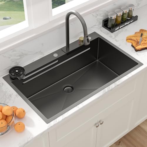 Sarlai 36 Inch Waterfall Kitchen Sink Workstation - 36x22 Black Waterfall Drop In Sink Stainless Steel 16 Gauge Sink Multifunction Single Bowl Smart Top Mount Kitchen Sinks with Faucet Combo
