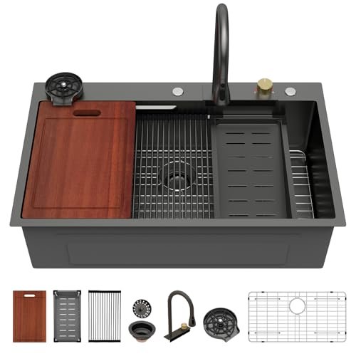 Sarlai 36 Inch Waterfall Kitchen Sink Workstation - 36x22 Black Waterfall Drop In Sink Stainless Steel 16 Gauge Sink Multifunction Single Bowl Smart Top Mount Kitchen Sinks with Faucet Combo