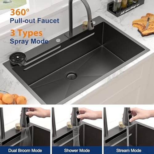 Sarlai 36 Inch Waterfall Kitchen Sink Workstation - 36x22 Black Waterfall Drop In Sink Stainless Steel 16 Gauge Sink Multifunction Single Bowl Smart Top Mount Kitchen Sinks with Faucet Combo
