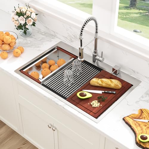 Sarlai Drop In Kitchen Sink - 33x22 Drop In Kitchen Sink Ledge Workstation 16 Gauge Stainless Steel Topmount Deep Single Bowl Over Counter Sinks Basin Round Corners