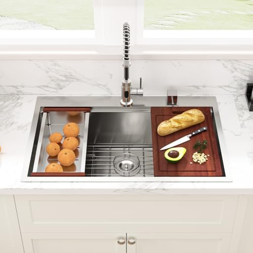 Sarlai Drop In Kitchen Sink - 33x22 Drop In Kitchen Sink Ledge Workstation 16 Gauge Stainless Steel Topmount Deep Single Bowl Over Counter Sinks Basin Round Corners