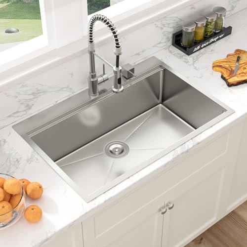 Sarlai Drop In Kitchen Sink - 33x22 Drop In Kitchen Sink Ledge Workstation 16 Gauge Stainless Steel Topmount Deep Single Bowl Over Counter Sinks Basin Round Corners
