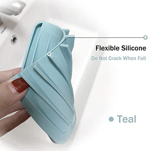 Self Draining Soap Dishes, 3 Pcs Silicone Soap Saver, Waterfall Drainer Soap Holder for Bathroom, Extend Soap Life, Keep Soap Bars Dry Clean & Easy Cleaning (White, Gray, Teal)