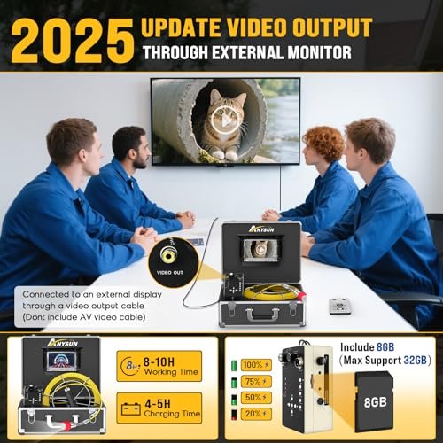 Sewer Camera 100FT, Can Connect External Monitor, Zoom in and Out, IP68 Waterproof, 12 pcs Adjustable Light, Plumbing Snake Cam with DVR Pipe Video Inspection, for Sewer Line, Drain, Duct, Plumbing